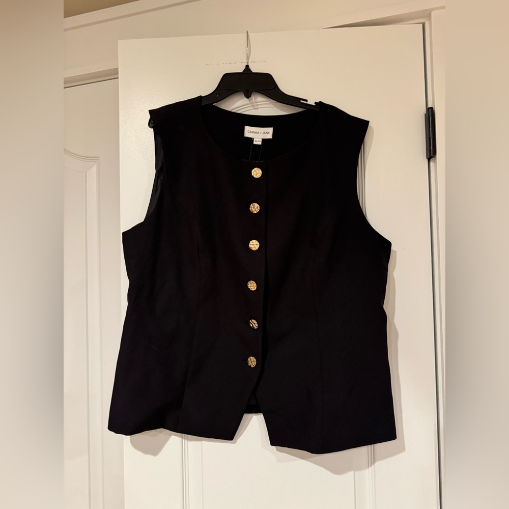 Black Sleeveless Button-Front Vest Top with Gold Buttons